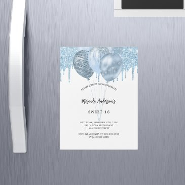 sweet 16 white blue balloons glitter drips luxury magnetic invitation
