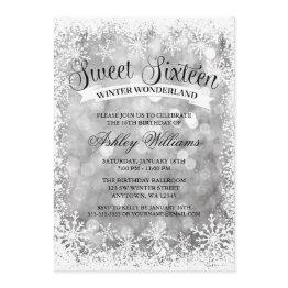 Small Sweet 16 Winter Wonderland Silver Glitter Lights Invitation Front View