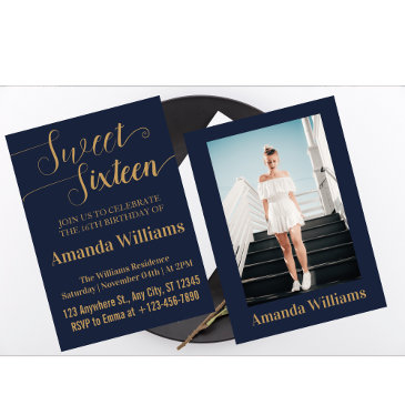sweet 16th birthday photo blue and gold luxury invitation