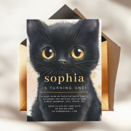 Small Sweet Black Cat First Birthday Party  Invitation Front View