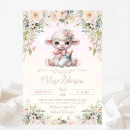 Small Sweet Blush Pink Floral Newborn Lamb Baby Shower Invitation Front View