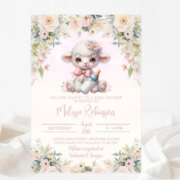 sweet blush pink floral newborn lamb baby shower invitation