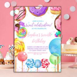 Small Sweet Celebration Candy Lollypops Colorful Girl Invitation Front View