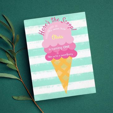sweet ice cream 1st birthday party pink mint postinvitations
