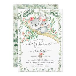 Small Sweet Koala Bear Girls Baby Shower Invitation Front View