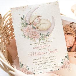 Small Sweet Lamb Moon Chic Pink Blush Floral Baby Shower Invitation Front View