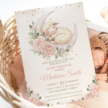 sweet lamb moon chic pink blush floral baby shower invitation