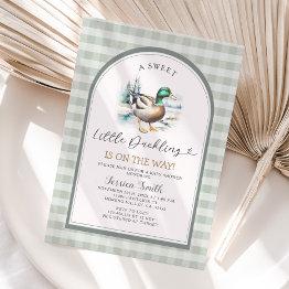 Small Sweet Little Duckling Mallard Gingham Baby Shower Invitation Front View