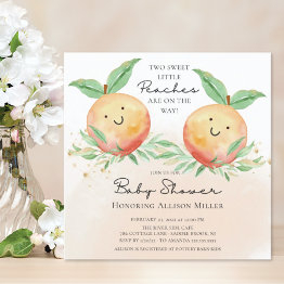 Small Sweet Little Peaches Twins Baby Shower Invitation Front View