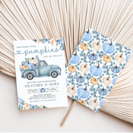 Small Sweet Little Pumpkins Blue Twins Baby Shower Invitation Front View