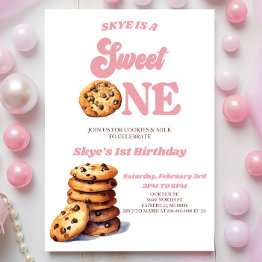 Small Sweet One Cookies And Milk 1st Birthday Party Invitation Front View