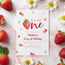 Small Sweet One Strawberry Berry First Birthday Invitation Front View