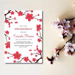 Small Sweet Red Cherry Blossom Sakura Floral Birthday Invitation Front View