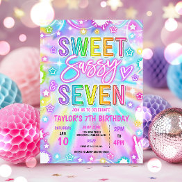 Small Sweet Sassy And Seven Neon Glow 7th Birthday Party Invitation Front View