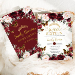 Small Sweet Sixteen 16 Burgundy Blush Floral Butterflies Invitation Front View