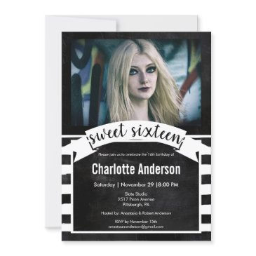 sweet sixteen chalkboard black white stripes photo invitation