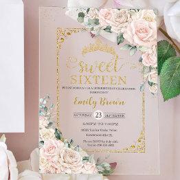 Small Sweet Sixteen Champagne Ivory Blush Floral Gold Acrylic Invitations Front View