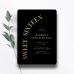 Small Sweet Sixteen | Cool Black And Gold 16th Birthday Foil Invitation Front View