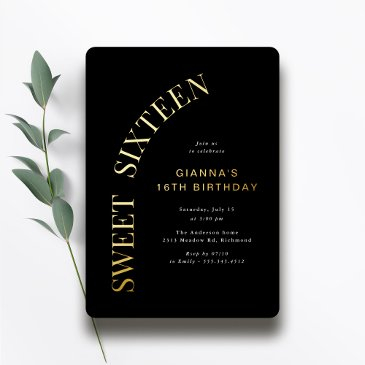 sweet sixteen | cool black and gold 16th birthday foil invitation