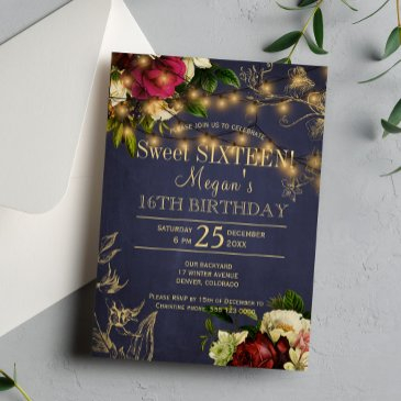 sweet sixteen gold lights floral winter rustic invitation