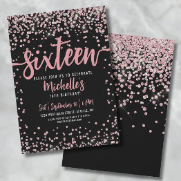 Small Sweet Sixteen Pink Rose Gold Glitter 16th Birthday Invitation Front View
