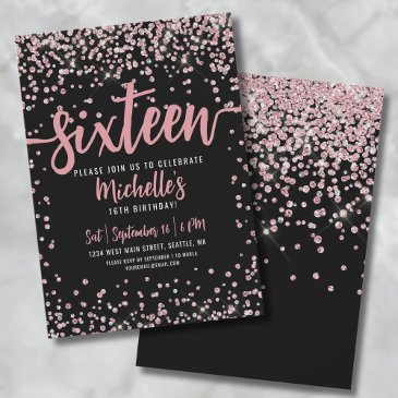 sweet sixteen pink rose gold glitter 16th birthday invitation