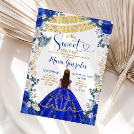 Small Sweet Sixteen Royal Blue Butterfly Birthday Party Invitation Front View