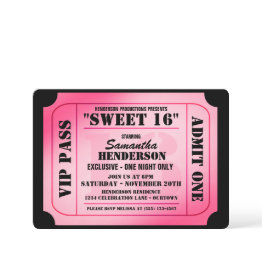 Small Sweet Sixteen Vip Ticket Style Party Invitations Front View