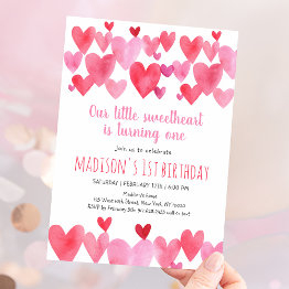 Small Sweetheart Watercolor Hearts First Birthday Invitation Front View