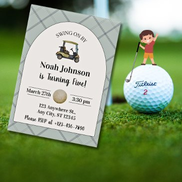 swing on by boy's 5th birthday par-tee golf invitation