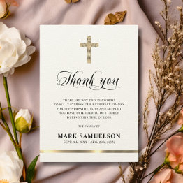 Small Sympathy Memorial Religious Cross Ecru Gold Thank Thank You Invitations Front View