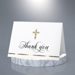 Small Sympathy Memorial Religious Cross White Gold Thank You Invitations Front View