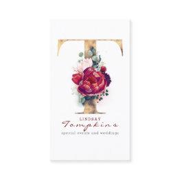 Small T Monogram Burgundy Red Flowers And Gold Glitter Business Invitations Front View