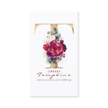 t monogram burgundy red flowers and gold glitter business invitations