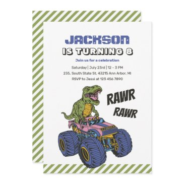 t-rex monster truck rawr dinosaur kids birthday invitation