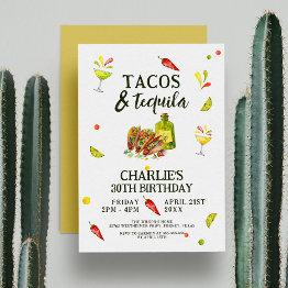 Small Tacos & Tequila Fun Summer Tropical Birthday Party Invitation Front View