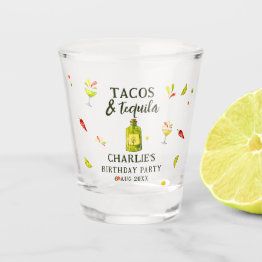 Small Tacos & Tequila Fun Summer Tropical Birthday Party Shot Glass Front View