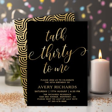 talk 30 to me gold script 30th birthday invitation