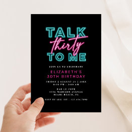 Small Talk Thirty To Me Dirty 30 Neon Blue & Pink Bday Invitation Front View