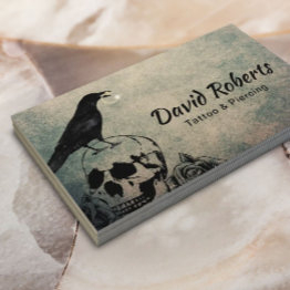Small Tattoo & Piercing Gothic Crow Skull & Rose Flowers Business Invitations Front View