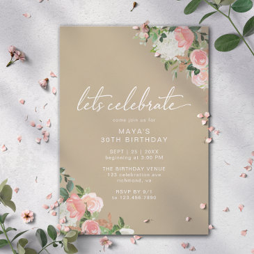 taupe beige & blush pink | modern floral birthday invitation