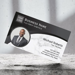 Small Tax Preparer Accountant Black & Marble Photo Business Invitations Front View