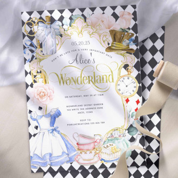 tea party alice in wonderland pink girl birthday i invitation