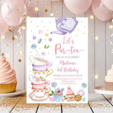 tea party pink purple birthday invitation