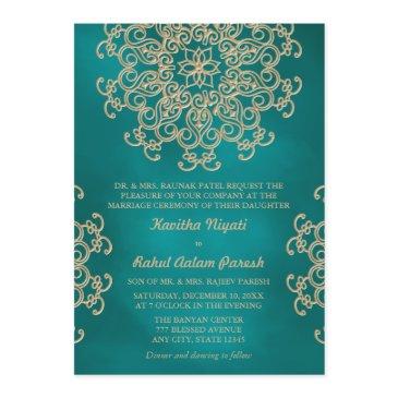 teal and gold indian style wedding invitation