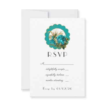 teal and gold paris art deco roses wedding rsvp invitations