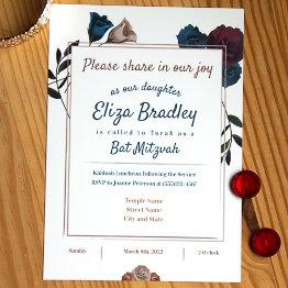 Small Teal, Beige, Burgundy Bat Mitzvah Invitations Front View