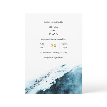 teal blue antarctic coast penguin ocean wedding invitation
