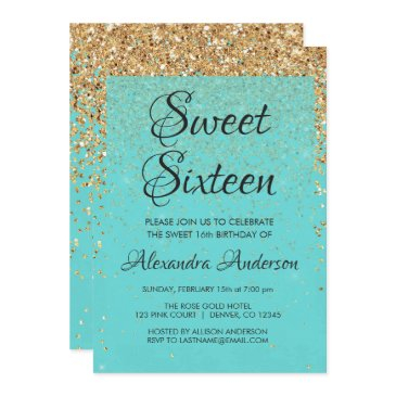 teal blue girly glitter sparkle sweet 16 birthday invitation