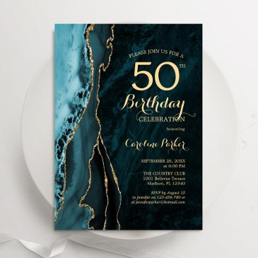 teal blue gold agate 50th birthday invitation